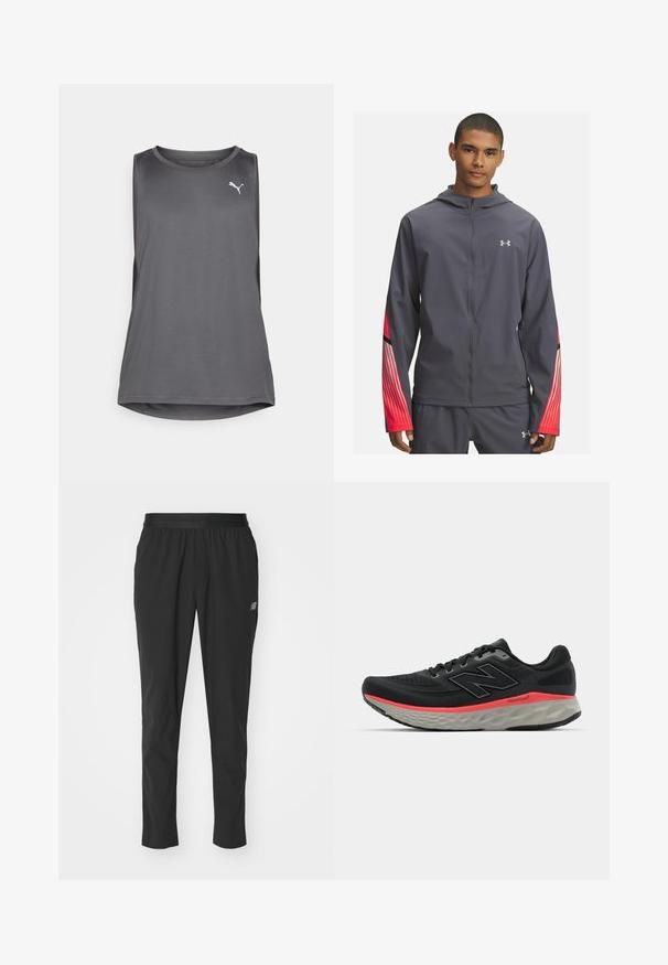 Pelēka jakas ar rāvējslēdzēju un kapuci, ar sarkaniem svītrām uz piedurknēm un melnu detalizāciju. Izgatavota no viegla, gluda materiāla.; Pelēks bezpiedurkņu sporta topiņš, izgatavots no elpojoša auduma, ar apaļu kakla izgriezumu un sānu izgriezumiem. Priekšpusē baltās krāsas logos.; Melnas sporta bikses, kas izgatavotas no viegla materiāla, ar elastīgu jostu, šauru dizainu un nemanāmu logotipa detaļu sānos.; Melnas skriešanas kedas ar sietu augšdaļu, akcentētas ar rozā vidussole joslu un pelēku zoli. Iespējamas tekstūras detaļas un elastīga zoles dizains.