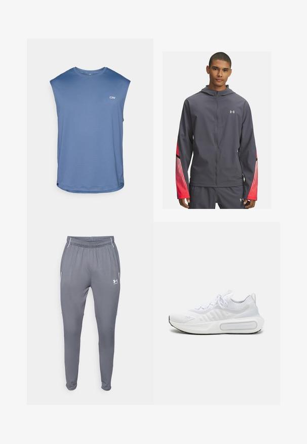 Siva zip-nesna jakna s kapuco, z rdečimi črtami na rokavih in črnimi detajli. Narejena iz lahkotnega, gladkega materiala.; ICANIWILL STRIDE SLEEVELESS - Navadna majica - dusty twilight blue; Sive športne hlače z elastičnim pasom, stranskimi žepi in belimi poudarki. Narejene iz gladkega, lahkega materiala.; Bela športna čevlja s teksturirano pletenino, vezanjem na vezalke, blaženim podplatom in značilnim logotipom na strani.