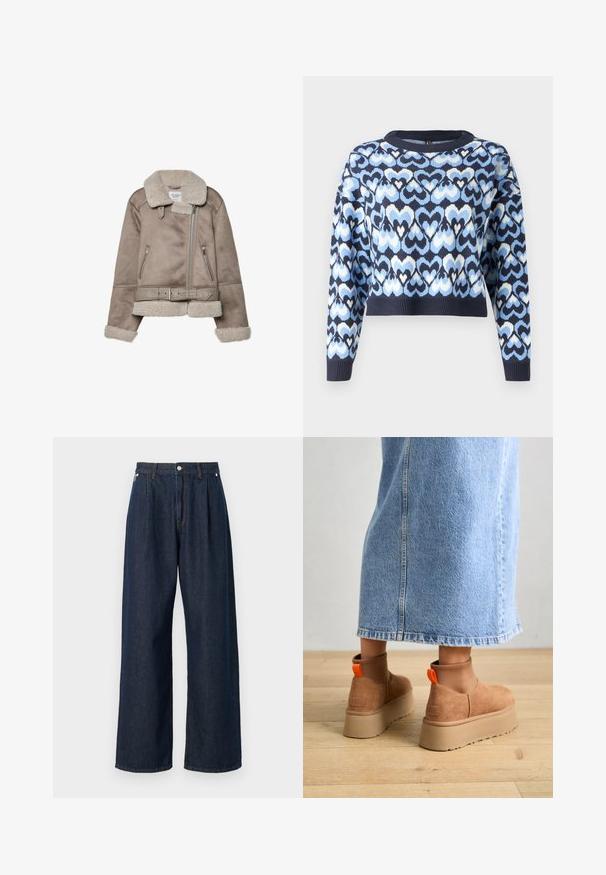Beige shearlingjacka med bred krage, dragkedjestängning, två framfickor och ett bälte. Fleecefoder och texturerad yta.; Marinblå tröja med ett mönster av sammanlänkade hjärtan i ljusblått och vitt, kort modell med rundad halsringning och ribbade ärmslut.; Mörk denimbyxor med vida ben och hög midja, med veck, dragkedja fram och kontrasterande sömmar längs kanterna.; Bruna mockakängor med plattform och elastiska sidopaneler samt orange dragflikar, till kombinerade med en knälång ljus denimkjol på ett trägolv.