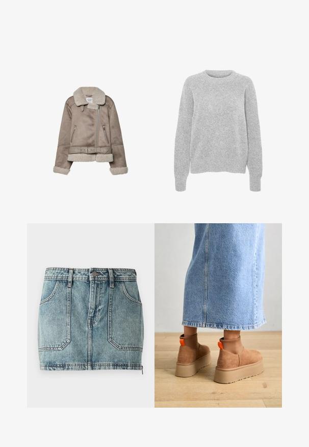 Bežični plašč iz ovčje kože s širokim ovratnikom, zadrgo, dvema sprednjima žepoma in pasom. Podloga iz flisa in teksturirana površina.; Sivkasta pleteno pulover z dolgimi rokavi, okroglim izrezom, rebrastimi manšeti in obesom, ki se ponaša z mehko teksturo in sproščenim krojem.; Denim mini krilo v svetlo modri barvi s petimi žepi, zankami za pas, kovinskim gumbom za zapiranje in kontrastnim šivanjem.; Rjave suede platform čizme z elastičnimi stranskimi paneli in oranžnimi zankami, v kombinaciji s svetlobno denim krilom do kolen na lesenem tleh.