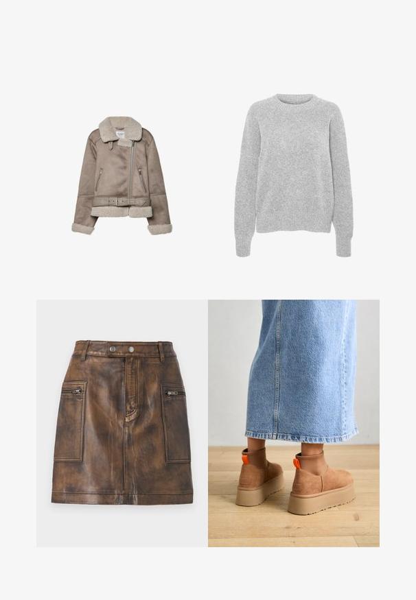 Giacca in shearling beige con ampio colletto, chiusura con zip, due tasche frontali e cintura. Fodera in pile e finitura testurizzata.; Maglione grigio lavorato a maglia con maniche lunghe, scollatura rotonda, polsini e orlo a coste, caratterizzato da una consistenza morbida e una vestibilità comoda.; Gonna in pelle marrone con vita alta, tasche con zip frontali e una texture liscia con leggere variazioni per un effetto di profondità.; Stivali platform in suede marrone con pannelli laterali elastici e linguette arancioni, abbinati a una gonna di jeans chiara, lunga fino al ginocchio, su un pavimento di legno.