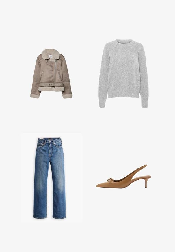 Giacca in shearling beige con ampio colletto, chiusura con zip, due tasche frontali e cintura. Fodera in pile e finitura testurizzata.; Maglione grigio lavorato a maglia con maniche lunghe, scollatura rotonda, polsini e orlo a coste, caratterizzato da una consistenza morbida e una vestibilità comoda.; Jeans in denim blu a gamba dritta con sfumature sulle cosce, design a cinque tasche e chiusura con bottone, esposti flat su uno sfondo bianco.; Scarpe con tacco slingback in pelle color cuoio, con punta affusolata, tacco piccolo e dettaglio decorativo a fiocco sulla parte anteriore. Texture liscia e design classico.