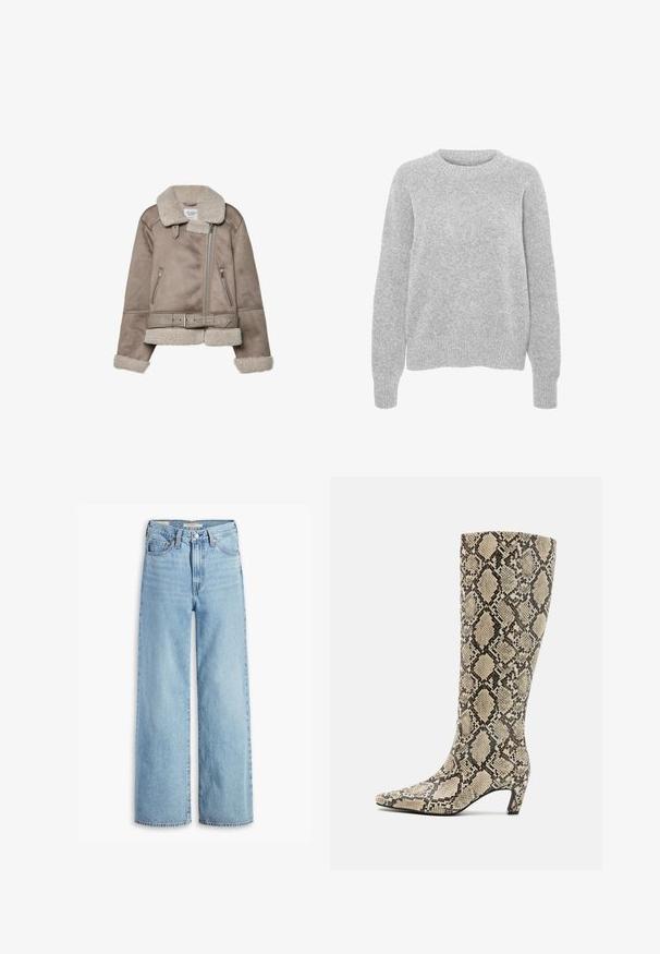 Beige shearling-takki, jossa on leveä kaulus, vetoketjusuljenta, kaksi etutaskua ja vyö. Fleecellä vuorattu ja teksturoitu pinta.; Harmaa neulottu paita pitkillä hihoilla, pyöreällä kaula-aukolla, ribbireunuksilla ja helmalla, jossa on pehmeä tekstuuri ja rento istuvuus.; Korkeavyötäröiset, vaaleansiniset levenevät farkut, joissa on etupainike ja vetoketju, vyölenkit ja viisi taskua.; Bianco BIACLARA - Saappaat - white