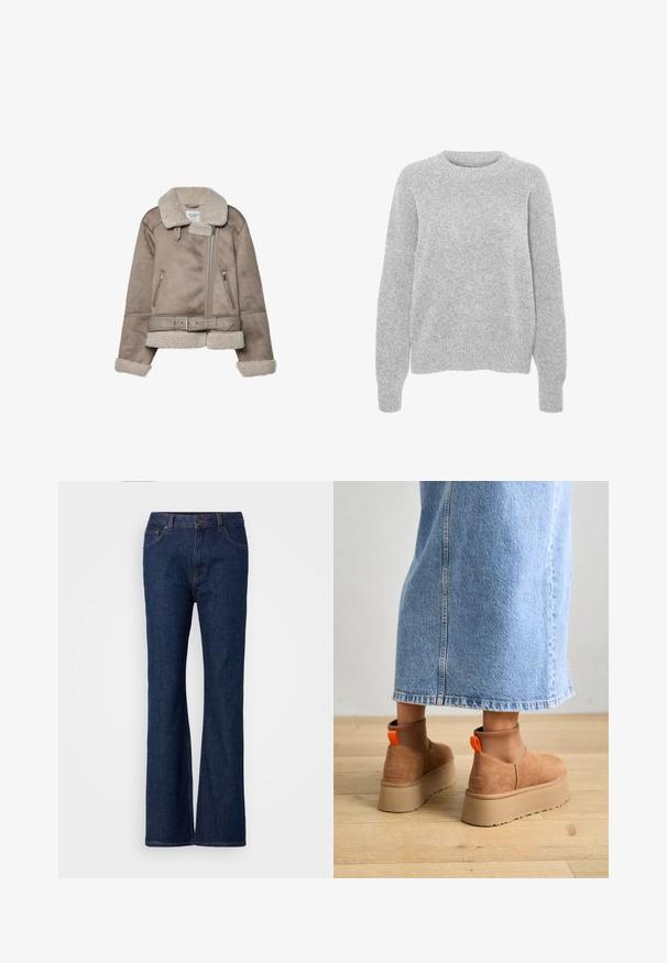 Bež jakna od ovčjeg krzna s širokim ovratnikom, zatvaranjem na patentni zatvarač, dva prednja džepa i remenom. Podstava od flisa i teksturirani finiš.; Sivi pleteni pulover s dugim rukavima, okruglim izrezom, rebrastim manžetama i rubom, s mekim teksturom i opuštenim krojem.; Plave traperice s raširenim nogavicama i visokim strukom, s glatkom teksturom, metalnim kopčanjem i dizajnom s pet džepova.; Smeđe suede platform čizme s elastičnim bočnim panelima i narančastim vučnim trakama, uparenim s suknjom od svijetlog denima do koljena na drvenom podu.