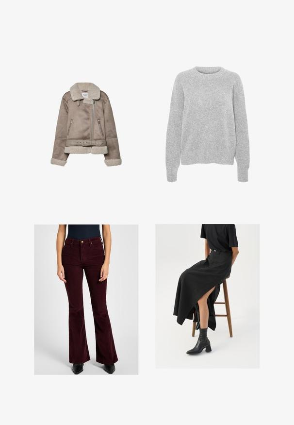 Beige schapenvachtjack met een brede kraag, ritsluiting, twee voorzakken en een riem. Voering van fleece en een gestructureerde afwerking.; Grijze gebreide trui met lange mouwen, ronde hals, geribbelde manchetten en zoom, met een zachte textuur en een relaxte pasvorm.; Bordeaux corduroy-flared broeken met voorzakken, een rits met een knoopsluiting en een gestructureerde afwerking.; Zwarte linnen maxi rok met een hoge split, gedragen met een zwart T-shirt en zwarte enkellaarsjes. Minimalistisch ontwerp met een relaxte pasvorm.