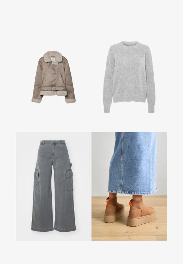 Beige shearling-takki, jossa on leveä kaulus, vetoketjusuljenta, kaksi etutaskua ja vyö. Fleecellä vuorattu ja teksturoitu pinta.; Harmaa neulottu paita pitkillä hihoilla, pyöreällä kaula-aukolla, ribbireunuksilla ja helmalla, jossa on pehmeä tekstuuri ja rento istuvuus.; Harmaat leveälahkeiset cargo-housut, jotka on valmistettu puuvillasta. Niissä on kaksi sivupussia ja korkea vyötärö, ja niiden pinta on sileä, hieman textruettuva.; Ruske mokasine z platformo in elastiko na straneh ter oranžnimi zategovalnimi trakovi, v kombinaciji z osnovno dolžino svetle denim krila na lesenem podu.