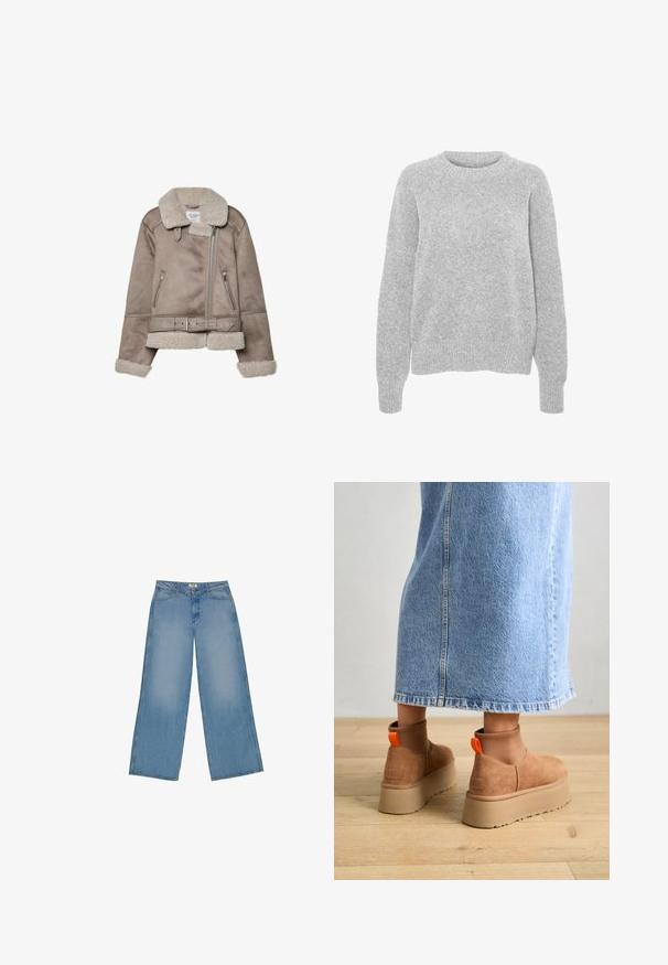 Beige Schaffelljacke mit breitem Kragen, Reißverschluss, zwei vorderen Taschen und einem Gürtel. Fleece-Futter und strukturierte Oberfläche.; Grauer Strickpullover mit langen Ärmeln, Rundhalsausschnitt, gerippten Bündchen und Saum, mit weicher Textur und lockerer Passform.; Helle blaue weite Jeans aus Denim, mit hoher Taille, geradem Schnitt und kontrastierenden Nähten. Keine Verzierungen oder Gebrauchsspuren.; Braune Wildleder-Plateau-Stiefel mit elastischen Seitenpaneelen und orangen Zuglaschen, kombiniert mit einem knielangen hellen Jeansrock auf einem Holzboden.