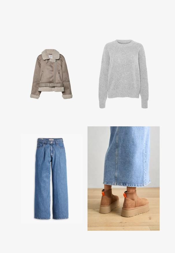 Bež jakna od ovčjeg krzna s širokim ovratnikom, zatvaranjem na patentni zatvarač, dva prednja džepa i remenom. Podstava od flisa i teksturirani finiš.; Sivi pleteni pulover s dugim rukavima, okruglim izrezom, rebrastim manžetama i rubom, s mekim teksturom i opuštenim krojem.; Levi's® BAGGY WIDE LEG - Vrećaste traperice - cause and effect; Smeđe suede platform čizme s elastičnim bočnim panelima i narančastim vučnim trakama, uparenim s suknjom od svijetlog denima do koljena na drvenom podu.