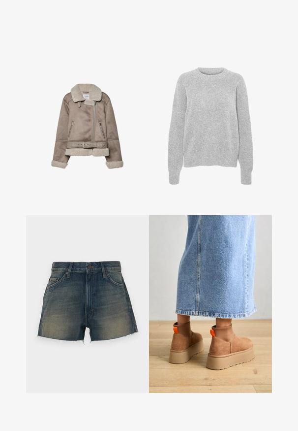 Beige shearling-jakke med bred krave, lynlås, to frontlommer og bælte. Fleece-foring og struktureret finish.; Grå strikket sweater med lange ærmer, rund halsudskæring, ribbede manchetter og kant, med en blød struktur og afslappet pasform.; Mørkeblå denim shorts med en falmet vask. Har knaplukning, fem lommer og frynset kant. De rå kanter tilføjer struktur.; Brune ruskinds platform støvler med elastiske sidepaneler og orange trækstropper, parret med en knælang lys denimnederdel på et trægulv.