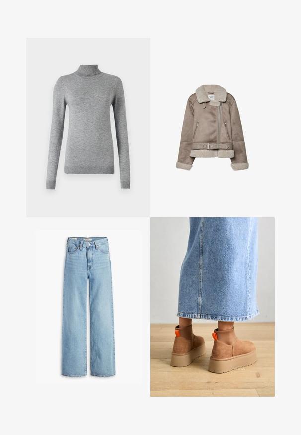 Giacca in shearling beige con ampio colletto, chiusura con zip, due tasche frontali e cintura. Fodera in pile e finitura testurizzata.; Maglione grigio a collo alto realizzato in un materiale morbido, con maniche lunghe, polsini a coste e un design aderente con una texture liscia.; Jeans a vita alta, blu chiaro, con gamba larga, chiusura anteriore con bottone e zip, passanti per cintura e stile a cinque tasche.; Stivali platform in suede marrone con pannelli laterali elastici e linguette arancioni, abbinati a una gonna di jeans chiara, lunga fino al ginocchio, su un pavimento di legno.