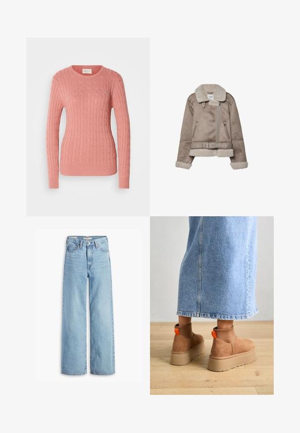 Bežični plašč iz ovčje kože s širokim ovratnikom, zadrgo, dvema sprednjima žepoma in pasom. Podloga iz flisa in teksturirana površina.; Pulover iz kabelskega pletenja v nežno roza barvi, z okruglim izrezom in dolgimi rokavi. Teksturiran vzorec dodaja globino. Diskretna blagovna znamka na prsih.; Visoke svetlo modre široke hlače z visokim pasom, z gumbom in zadrgo spredaj, z zankami za pas in petimi žepi.; Rjave suede platform čizme z elastičnimi stranskimi paneli in oranžnimi zankami, v kombinaciji s svetlobno denim krilom do kolen na lesenem tleh.