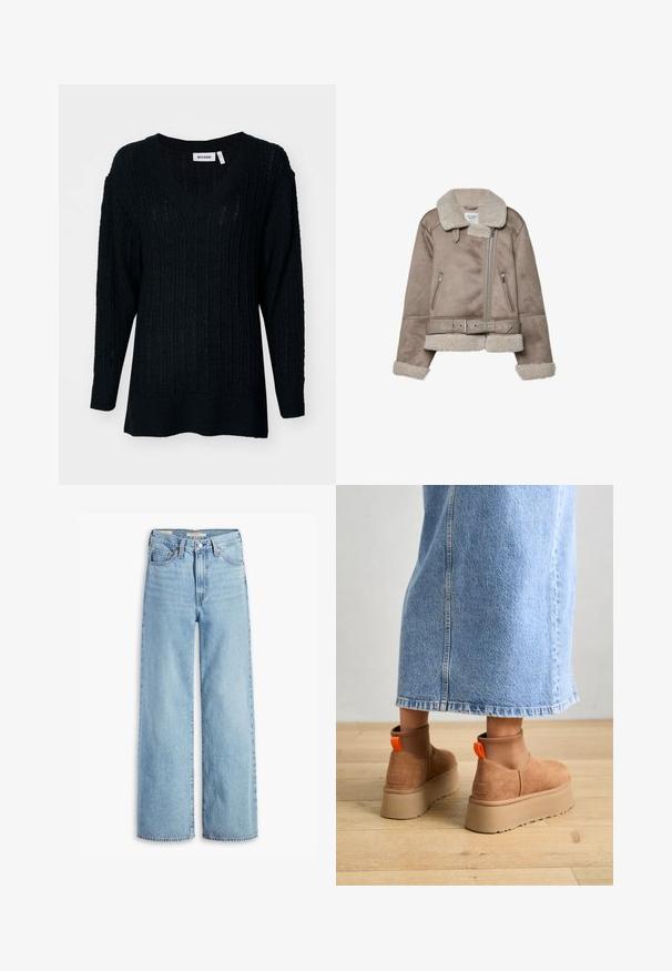 Beige shearling jacket with a wide collar, zip closure, two front pockets, and a belt. Fleece lining and textured finish.; Black knitted sweater with a V-neck, ribbed texture, and long sleeves. Loose fit with a slightly longer back. Brand label visible.; High-waisted, light blue wide-leg jeans with front button and zipper, belt loops, and five-pocket styling.; Brown suede platform boots with elastic side panels and orange pull tabs, paired with a knee-length light denim skirt on a wooden floor.