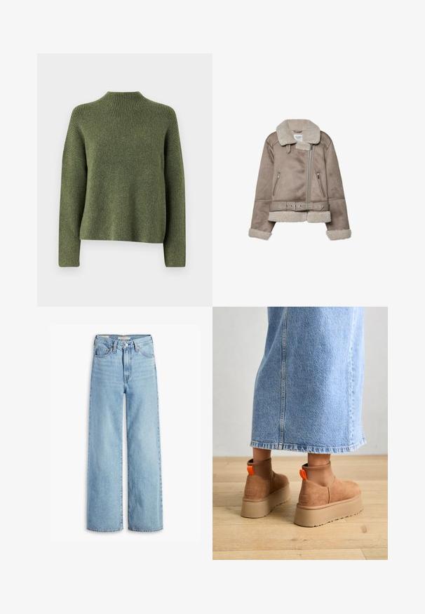 Bežični plašč iz ovčje kože s širokim ovratnikom, zadrgo, dvema sprednjima žepoma in pasom. Podloga iz flisa in teksturirana površina.; Olivno zelena rebrasta pletenina s visokim ovratnikom in dolgimi rokavi, sproščenega kroja in mehkega tekstura. Brez vidnih vzorcev ali dodatkov.; Visoke svetlo modre široke hlače z visokim pasom, z gumbom in zadrgo spredaj, z zankami za pas in petimi žepi.; Rjave suede platform čizme z elastičnimi stranskimi paneli in oranžnimi zankami, v kombinaciji s svetlobno denim krilom do kolen na lesenem tleh.