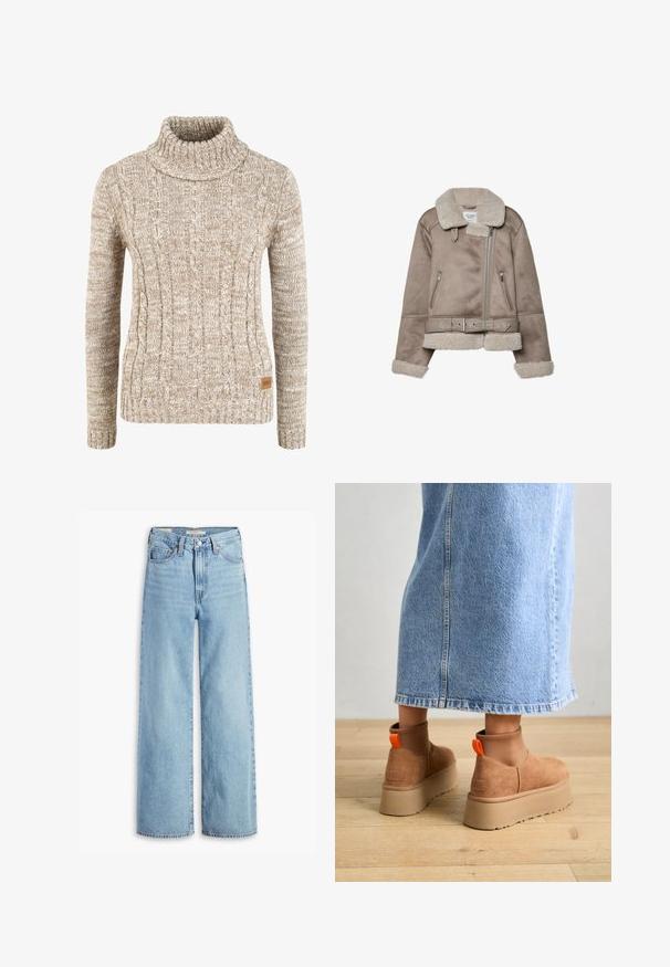 Beige shearlingjacka med bred krage, dragkedjestängning, två framfickor och ett bälte. Fleecefoder och texturerad yta.; Beige kabelstickad tröja med hög polokrage, ribbade ärmslut och nederkant. Innehåller en liten brun etikett på undersidan. Mjuk textur.; Högmidjade, ljusblå vida jeans med frontknapp och dragkedja, bältesloopar och femficksdesign.; Bruna mockakängor med plattform och elastiska sidopaneler samt orange dragflikar, till kombinerade med en knälång ljus denimkjol på ett trägolv.