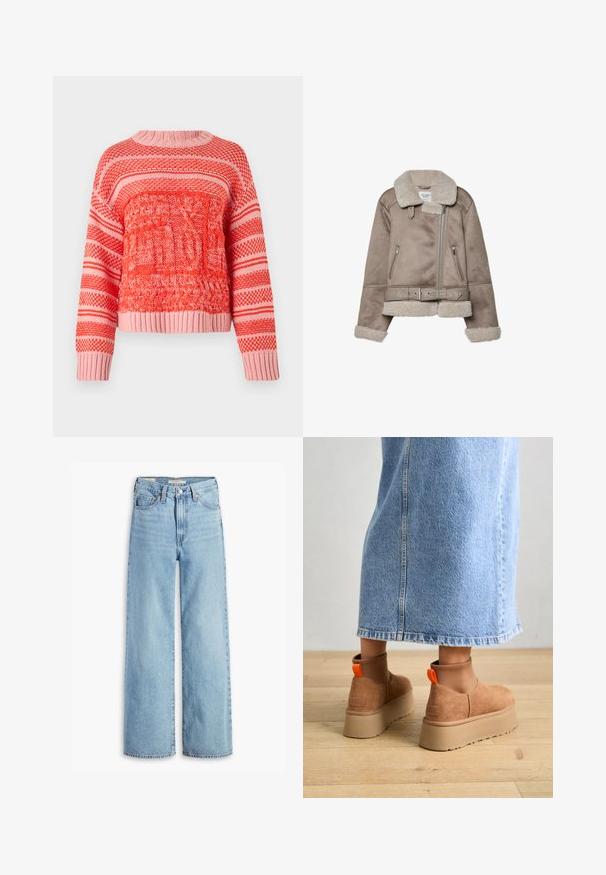 Beige Schaffelljacke mit breitem Kragen, Reißverschluss, zwei vorderen Taschen und einem Gürtel. Fleece-Futter und strukturierte Oberfläche.; Rot und rosa gestrickter Pullover mit strukturierten Mustern, horizontalen Streifen, einem runden Halsausschnitt sowie gerippten Bündchen und Saum.; Hochgeschnittene, hellblaue Schlagjeans mit Frontknopf und Reißverschluss, Gürtelschlaufen und fünf Taschen.; Braune Wildleder-Plateau-Stiefel mit elastischen Seitenpaneelen und orangen Zuglaschen, kombiniert mit einem knielangen hellen Jeansrock auf einem Holzboden.
