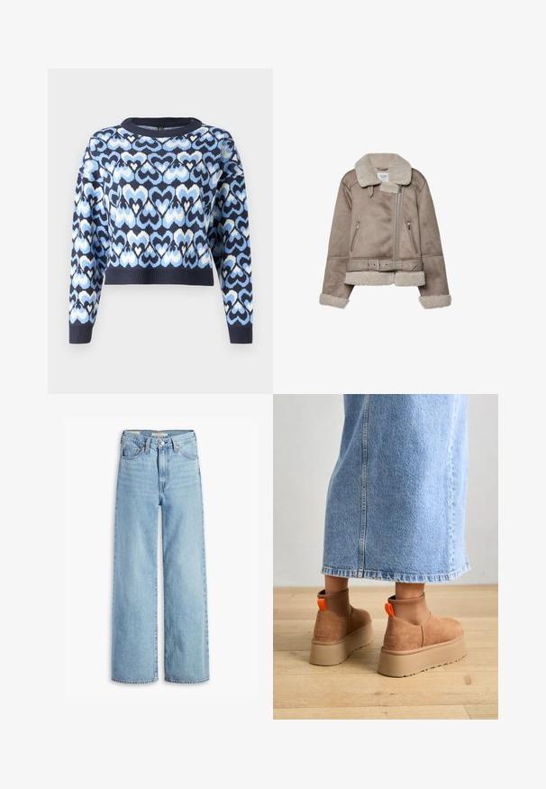 Beige Schaffelljacke mit breitem Kragen, Reißverschluss, zwei vorderen Taschen und einem Gürtel. Fleece-Futter und strukturierte Oberfläche.; Marineblauer Pullover mit einem Muster aus ineinandergreifenden Herzen in Hellblau und Weiß, im verkürzten Stil mit Rundhalsausschnitt und gerippten Bündchen.; Hochgeschnittene, hellblaue Schlagjeans mit Frontknopf und Reißverschluss, Gürtelschlaufen und fünf Taschen.; Braune Wildleder-Plateau-Stiefel mit elastischen Seitenpaneelen und orangen Zuglaschen, kombiniert mit einem knielangen hellen Jeansrock auf einem Holzboden.