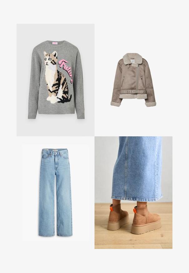 Veste en shearling beige avec un large col, fermeture zippée, deux poches avant et une ceinture. Doublure en polaire et finition texturée.; Pull en tricot gris avec un motif de chat en noir et beige, portant le mot "Future" en rose sur le devant.; Levi's® RIBCAGE WIDE LEG - Wide Leg - far and wide; Bottes en suède brun à plateforme avec des panneaux latéraux élastiques et des languettes orange, associées à une jupe en denim clair arrivant au genou sur un sol en bois.