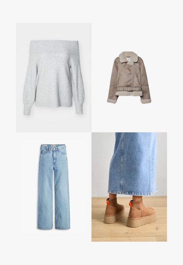 Beige shearling-takki, jossa on leveä kaulus, vetoketjusuljenta, kaksi etutaskua ja vyö. Fleecellä vuorattu ja teksturoitu pinta.; Vaaleanharmaa olkapään paljastava neulepaita, jossa on ribbireunat kauluksessa ja hihansuissa. Paita on rento malli ja pehmeää materiaalia.; Korkeavyötäröiset, vaaleansiniset levenevät farkut, joissa on etupainike ja vetoketju, vyölenkit ja viisi taskua.; Ruske mokasine z platformo in elastiko na straneh ter oranžnimi zategovalnimi trakovi, v kombinaciji z osnovno dolžino svetle denim krila na lesenem podu.