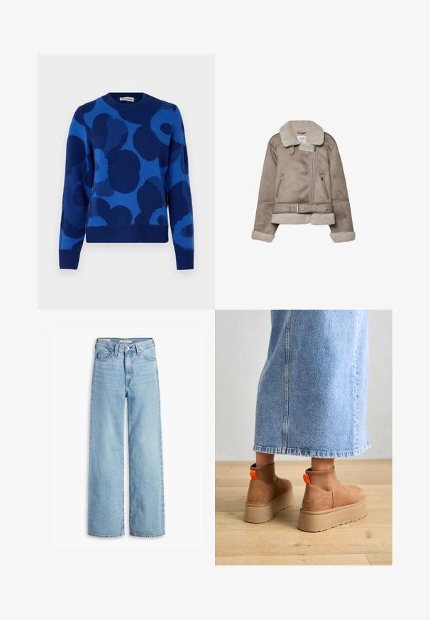 Beige shearlingjacka med bred krage, dragkedjestängning, två framfickor och ett bälte. Fleecefoder och texturerad yta.; Marimekko AUKIO UNIKKO - Stickad tröja - blue; Högmidjade, ljusblå vida jeans med frontknapp och dragkedja, bältesloopar och femficksdesign.; Bruna mockakängor med plattform och elastiska sidopaneler samt orange dragflikar, till kombinerade med en knälång ljus denimkjol på ett trägolv.