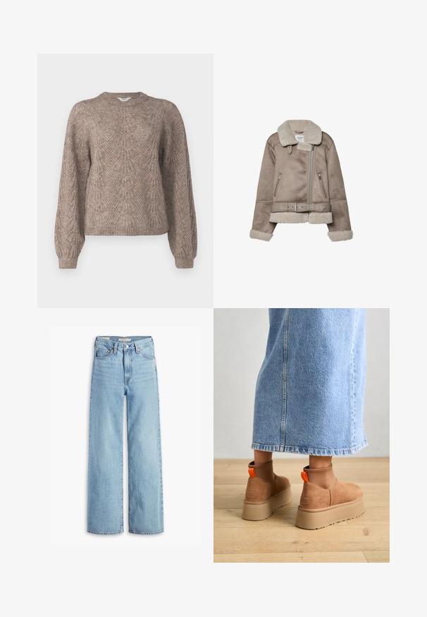 Bež jakna od ovčjeg krzna s širokim ovratnikom, zatvaranjem na patentni zatvarač, dva prednja džepa i remenom. Podstava od flisa i teksturirani finiš.; Dugi rukav, lagani pulover u bež-smeškastoj nijansi. Ima teksturirani uzorak s okruglim izrezom te rebrastim manžetama i rubom.; Farmerke s visokim strukom, svijetloplave boje, širokih nogavica, s prednjim gumbom i patentnim zatvaračem, petljama za pojas i stilizacijom s pet džepova.; Smeđe suede platform čizme s elastičnim bočnim panelima i narančastim vučnim trakama, uparenim s suknjom od svijetlog denima do koljena na drvenom podu.
