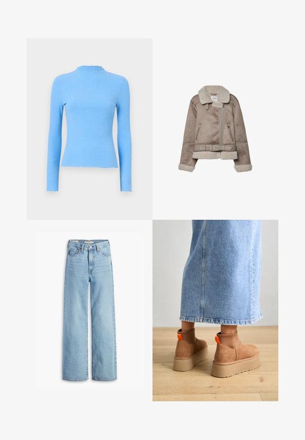 Beige shearling-takki, jossa on leveä kaulus, vetoketjusuljenta, kaksi etutaskua ja vyö. Fleecellä vuorattu ja teksturoitu pinta.; Ribbed pitkähihaine paita vaaleansinisessä, istuva malli, pyöreä kaulus, jossa on aaltoileva reuna, sileä pinta ja ei näkyviä kuvioita.; Korkeavyötäröiset, vaaleansiniset levenevät farkut, joissa on etupainike ja vetoketju, vyölenkit ja viisi taskua.; Ruske mokasine z platformo in elastiko na straneh ter oranžnimi zategovalnimi trakovi, v kombinaciji z osnovno dolžino svetle denim krila na lesenem podu.