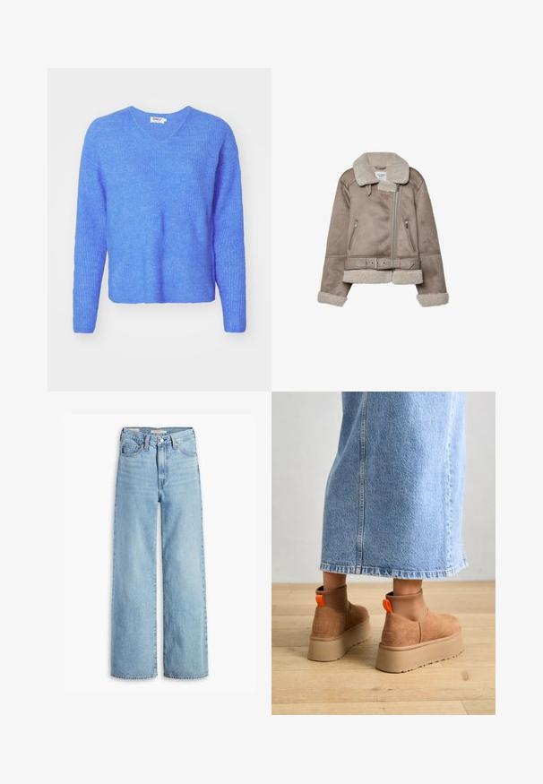 Beige Schaffelljacke mit breitem Kragen, Reißverschluss, zwei vorderen Taschen und einem Gürtel. Fleece-Futter und strukturierte Oberfläche.; Blauer, gerippter Strickpullover mit V-Ausschnitt, langen Ärmeln und einer entspannten Passform. Hergestellt aus weichem, strukturiertem Material. Das Etikett trägt die Aufschrift "ONLY."; Hochgeschnittene, hellblaue Schlagjeans mit Frontknopf und Reißverschluss, Gürtelschlaufen und fünf Taschen.; Braune Wildleder-Plateau-Stiefel mit elastischen Seitenpaneelen und orangen Zuglaschen, kombiniert mit einem knielangen hellen Jeansrock auf einem Holzboden.