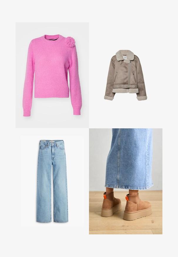 Beżowa kurtka z barankiem, z szerokim kołnierzem, zapięciem na zamek, dwoma przednimi kieszeniami i paskiem. Podszewka z polarowego materiału i fakturowane wykończenie.; Vero Moda VMADIA różowy; Jeansy o wysokim stanie, jasnoniebieskie, szerokie nogawki, z przednim guzikiem i zamkiem błyskawicznym, pętelkami na pasek oraz pięcioma kieszeniami.; Brązowe zamszowe buty na platformie z elastycznymi bokami i pomarańczowymi uchwytami, w połączeniu z jasnoniebieską spódnicą do kolan na drewnianej podłodze.
