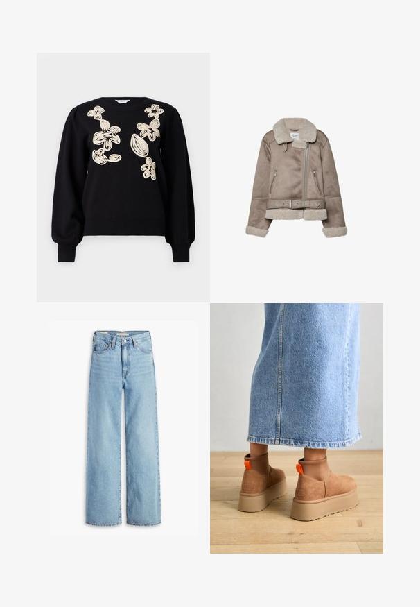 Beige ušlechtilecká bunda z ovčí vlny s širokým límcem, zipovým uzavřením, dvěma předními kapsami a páskem. Hřejivá fleece podšívka a texturovaný povrch.; Černý svetr s dlouhými, vypouklými rukávy a kulatým výstřihem. Na přední straně má béžové vyšívané abstraktní vzory. Měkká, strukturální tkanina.; Světle modré volné džíny s vysokým pasem, předním knoflíkem a zipem, poutky na opasek a designem s pěti kapsami.; Hnědé semišové platformové boty s elastickými bočními panely a oranžovými poutky, spárované s sukní z jasného denimu ke kolenům na dřevěné podlaze.