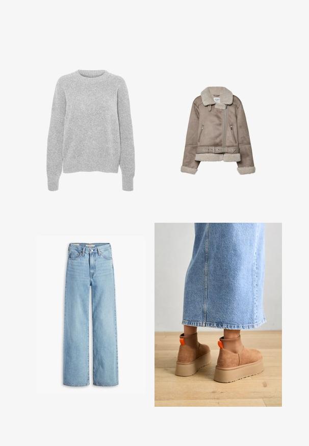 Beige Schaffelljacke mit breitem Kragen, Reißverschluss, zwei vorderen Taschen und einem Gürtel. Fleece-Futter und strukturierte Oberfläche.; Grauer Strickpullover mit langen Ärmeln, Rundhalsausschnitt, gerippten Bündchen und Saum, mit weicher Textur und lockerer Passform.; Hochgeschnittene, hellblaue Schlagjeans mit Frontknopf und Reißverschluss, Gürtelschlaufen und fünf Taschen.; Braune Wildleder-Plateau-Stiefel mit elastischen Seitenpaneelen und orangen Zuglaschen, kombiniert mit einem knielangen hellen Jeansrock auf einem Holzboden.