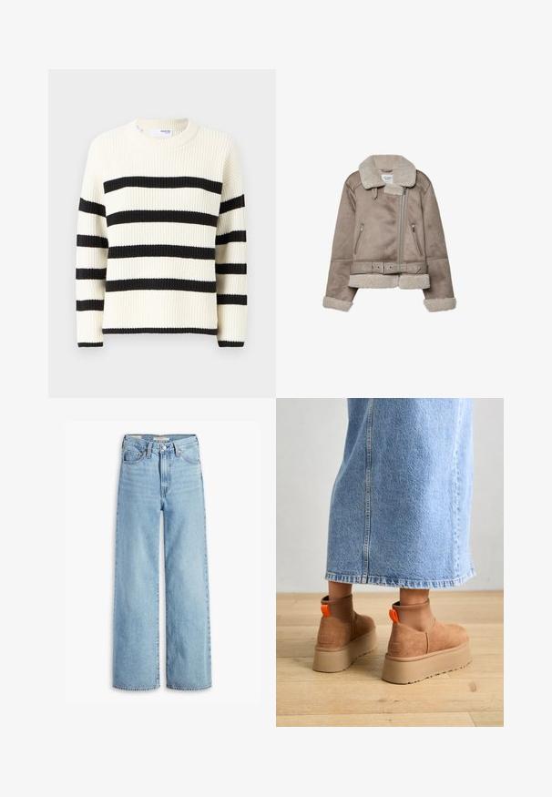 Beige Schaffelljacke mit breitem Kragen, Reißverschluss, zwei vorderen Taschen und einem Gürtel. Fleece-Futter und strukturierte Oberfläche.; Cremefarbener Pullover mit breiten schwarzen Streifen, gerippter Textur und rundem Halsausschnitt. Lange Ärmel mit schwarzen Bündchen.; Hochgeschnittene, hellblaue Schlagjeans mit Frontknopf und Reißverschluss, Gürtelschlaufen und fünf Taschen.; Braune Wildleder-Plateau-Stiefel mit elastischen Seitenpaneelen und orangen Zuglaschen, kombiniert mit einem knielangen hellen Jeansrock auf einem Holzboden.