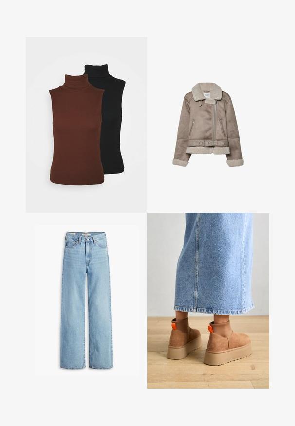 Beige shearling-takki, jossa on leveä kaulus, vetoketjusuljenta, kaksi etutaskua ja vyö. Fleecellä vuorattu ja teksturoitu pinta.; VILA VIFELIA 2 PACK - Toppi - black/chocolate; Korkeavyötäröiset, vaaleansiniset levenevät farkut, joissa on etupainike ja vetoketju, vyölenkit ja viisi taskua.; Ruske mokasine z platformo in elastiko na straneh ter oranžnimi zategovalnimi trakovi, v kombinaciji z osnovno dolžino svetle denim krila na lesenem podu.