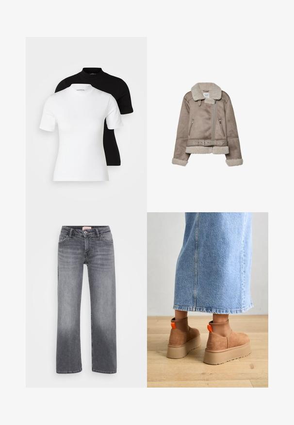 Béžová kožušinová bunda s širokým golierom, zipsovým zapínaním, dvoma prednými vreckami a opaskom. S fleecovou podšívkou a štruktúrovaným povrchom.; Even&Odd Petite 2 PACK - Základné tričko - white/black; Sivé džínsy s rovnými legami, pätkový strih, jemné vyblednutie a gombíkový uzáver v páse.; Hnedé zamskové platformové čižmy s elastickými bočnými panelmi a oranžovými ťahákmi, v kombinácii s sukňou z ľahkého denimu po kolená, na drevenej podlahe.