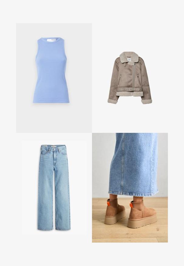 Giacca in shearling beige con ampio colletto, chiusura con zip, due tasche frontali e cintura. Fodera in pile e finitura testurizzata.; Canotta azzurro chiaro a coste con collo rotondo e senza maniche. Presenta una silhouette aderente e una texture liscia.; Jeans a vita alta, blu chiaro, con gamba larga, chiusura anteriore con bottone e zip, passanti per cintura e stile a cinque tasche.; Stivali platform in suede marrone con pannelli laterali elastici e linguette arancioni, abbinati a una gonna di jeans chiara, lunga fino al ginocchio, su un pavimento di legno.