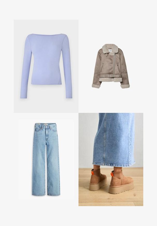 Beige shearling-jakke med bred krave, lynlås, to frontlommer og bælte. Fleece-foring og struktureret finish.; Lyse violet langærmet top med bådudskæring, tætsiddende design, glat tekstur og lige kant.; Højtaljede, lyseblå, vide bukser med knap og lynlås fortil, bæltestropper og fem lomme-stil.; Brune ruskinds platform støvler med elastiske sidepaneler og orange trækstropper, parret med en knælang lys denimnederdel på et trægulv.