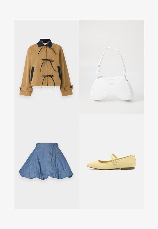 Karma brūnas krāsas jakas ar tumši zilu apkakli un akcentiem, ar trim priekšējiem saitēm un pogājamiem piedurknēm. Gluda auduma ar strukturētu dizainu.; Brūns garo piedurknu kropts topiņš, izgatavots no gludas materiāla, ar apaļu kakla izgriezumu un pieguļošu dizainu. Nav redzamu rakstu vai akcentu.; Ksenia Schnaider QUILTED MINI SKIRT - Minisvārki - light blue; Dzeltenas ādas baleta kurpes ar noapaļotu purngalu, potītes siksniņu un sprādzi, plakanu zoli ar nedaudz papēdi un gludu tekstūru.; Balta rokassoma ar gludu, spīguļojošu virsmu, izliekta forma un viena regulējama siksna. Tam ir uzspriegots logotips priekšpusē.