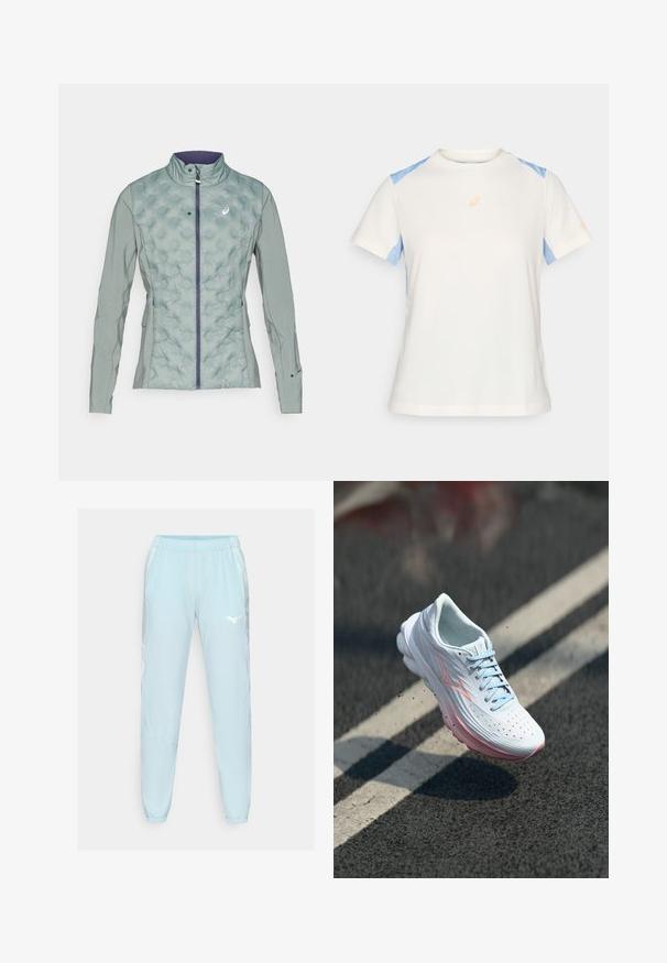 Šviesiai žalia striukė su tuftuotu tekstūru priekyje ir lygiu audiniu ant rankovių, su aukštu apykakle ir užtrauktuku.; Lengvas trumpas rankovės marškinėliai smėlio spalvos su mėlynomis pečių juostomis. Papuošti oranžiniu logotipu ant krūtinės ir kontrastingos siūlės detalėmis.; Šviesiai mėlynos sportinės kelnės, pagamintos iš lygios medžiagos, su elastinga juosta, siaurėjančiomis kojomis ir baltu logotipu kairiajame šlaunyje.; Baltos bėgimo bateliai su šviesiai mėlynais akcentais, turintys tekstūruotą viršutinę dalį, perforacijas oro cirkuliacijai ir minkštą rožinę padą.