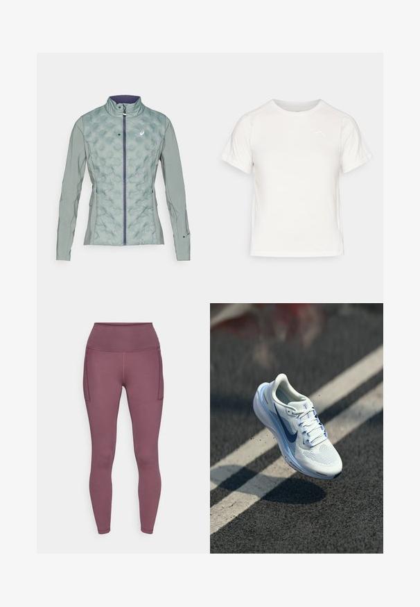 Ανοιχτό πράσινο μπουφάν με καπιτονέ υφή μπροστά και λεία ύφανση στα μανίκια, που διαθέτει ψηλό γιακά και κλείσιμο με φερμουάρ.; Ελαφρύ λευκό T-shirt με κοντά μανίκια, στρογγυλή λαιμόκοψη και ένα μικρό λογότυπο στην επάνω αριστερή γωνία. Απαλή υφή με διακριτική γυαλάδα.; Λαχανί κολάν με ψηλή μέση, λείο υλικό και δύο πλαϊνές τσέπες. Κατασκευασμένα από ελαστικό, ελαφρύ ύφασμα για άνεση.; Λευκό αθλητικό παπούτσι με αναπνεύσιμο άνω μέρος από πλέγμα και μπλε λεπτομέρειες. Διαθέτει σόλα με επένδυση και επίπεδα κορδόνια. Η μεσαία σόλα φέρει το λογότυπο "Air Zoom".