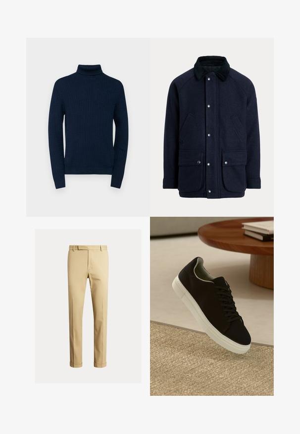 Navy blue coat made of textured fabric with a corduroy collar, snap buttons, and two front pockets for practicality.; Navy turtleneck sweater featuring a textured pattern, long sleeves, and a ribbed collar and cuffs, made from a lightweight knit material.; Khaki chinos made of smooth cotton fabric, featuring a fitted design, front pleats, and cuffs at the ankle for a tapered look.; Black sneaker with white sole floating above beige textured rug near round wooden table with stacked books.