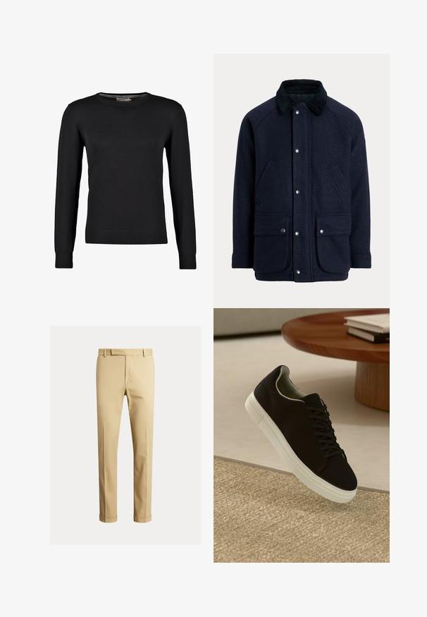 Navy blue coat made of textured fabric with a corduroy collar, snap buttons, and two front pockets for practicality.; Black knitted sweater with long sleeves, round neckline, and ribbed cuffs and hem. Smooth texture and fitted design.; Khaki chinos made of smooth cotton fabric, featuring a fitted design, front pleats, and cuffs at the ankle for a tapered look.; Black sneaker with white sole floating above beige textured rug near round wooden table with stacked books.