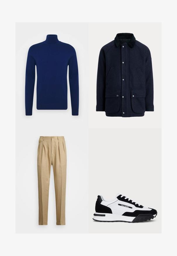 Casaco azul-marinho feito de tecido texturizado com gola de veludo cotelê, botões de pressão e dois bolsos frontais para maior praticidade.; Suéter de gola alta azul-marinho feito de um tecido de malha suave. Mangas longas e design ajustado com detalhes canelados na gola e na barra.; Calças de linho bege com corte reto, apresentando dois plissados frontais, fecho com botão e bolsos laterais. Tecido texturizado com um acabamento suave.; Ténis com um cabedal em camurça preta e pele branca, apresentando uma sola em borracha preta, atacadores brancos e um logo "POLO SPORT" na lateral.