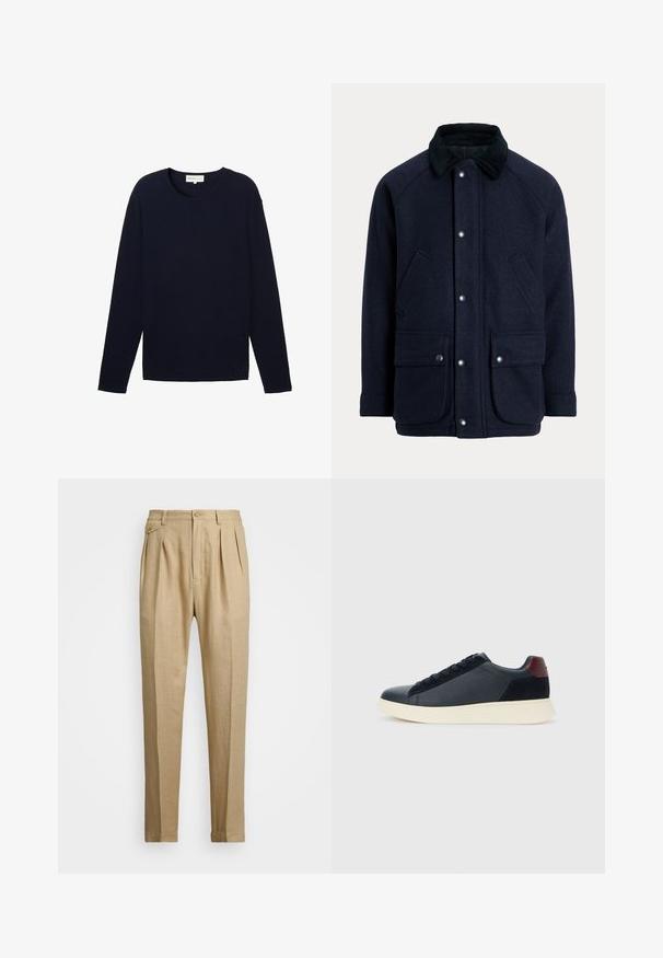 Tumesinine mantel tekstuurse kangaga, millel on tuhmlise kraega, trukkidega ja kaks eesmist taskut praktilisuse tagamiseks.; Tumesinist pika varrukaga maja, millel on tekstuuriga kude, ümmargune kaelus ja sirge alläär. Diskreetne bränding allääres.; Bežid linasest püksid sirge lõikega, kahel esisel peenral, nööbiga kinnitamisel ja küljetaskutega. Tekstuuritud kangas sileda viimistlusega.; Madala stiilis meeste toss mustast nahast ja seemisnahast, marooni värvi kanna detailiga ja valge kummist tallaga, vaatega välisküljelt.