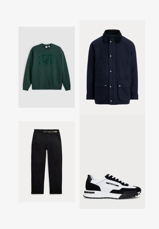 Navy blue coat made of textured fabric with a corduroy collar, snap buttons, and two front pockets for practicality.; Dark green sweatshirt made of cotton, featuring a large embossed "LEVI'S" logo centered on the front, with ribbed cuffs and hem.; Black pants made of lightweight fabric, featuring an elastic waistband with an integrated green belt, straight-leg cut, and side pockets.; Sneakers with a black suede and white leather upper, featuring a black rubber sole, white laces, and a "POLO SPORT" logo on the side.