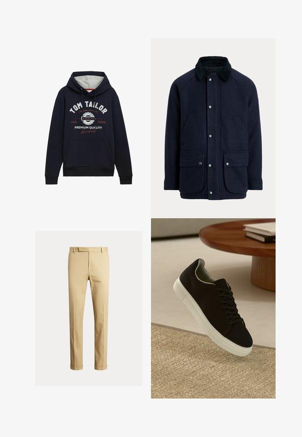 Casaco azul-marinho feito de tecido texturizado com gola de veludo cotelê, botões de pressão e dois bolsos frontais para maior praticidade.; Sweatshirt azul marinho em mistura de algodão, com forro do capuz cinza, bolso frontal e texto gráfico branco/vermelho no peito. Punhos e bainha canelados.; Chinos caqui feitos de um tecido de algodão suave, com um design ajustado, pregas frontais e punhos no tornozelo para um visual afinado.; Sneaker preto com sola branca flutuando acima de um tapete texturizado bege, perto de uma mesa redonda de madeira com livros empilhados.