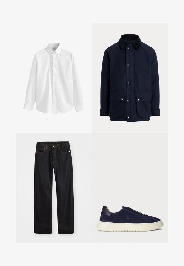 Námořnicky modrý kabát z texturované látky s manžetovým límcem, patentními knoflíky a dvěma předními kapsami pro praktičnost.; Bílá košile s dlouhými rukávy vyrobená z hladké bavlny, se zapínáním na knoflíky, předními knoflíky a standardními manžetami. Bez vzorů nebo akcentů.; Pánské černé džíny rovného střihu s pěti kapsami a oranžovým prošíváním, s knoflíkem a zipem na předním pásku.; Navy semišové nízké tenisky s texturovaným povrchem, gumovou podrážkou a tónovacími šňůrkami, s malým logem na boku a patě.