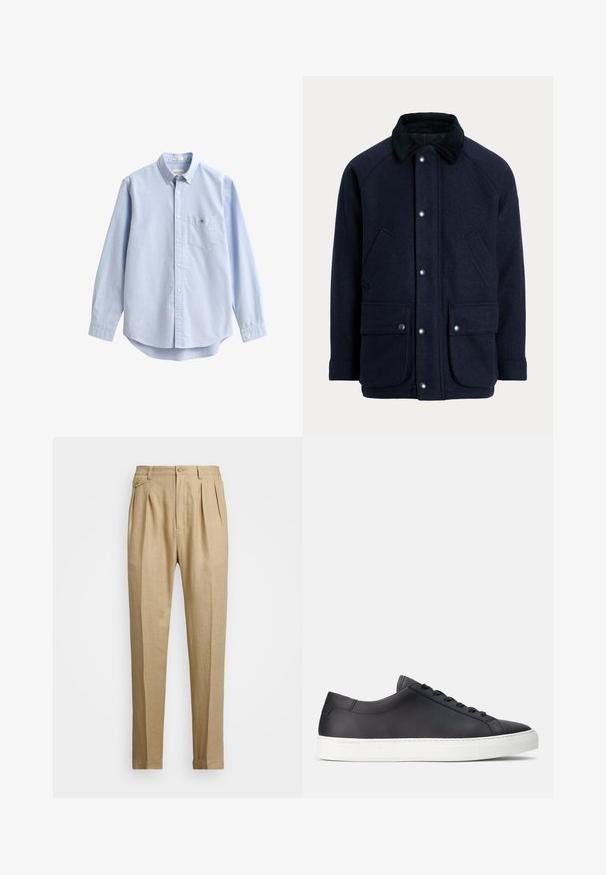 Tummansininen takki, joka on valmistettu teksturoidusta kankaasta. Siinä on puuvillakaulus, painonapit ja kaksi käytännöllistä etutaskua.; Vaaleansininen napillinen paita, valmistettu puuvillasta. Siinä on rintatasku, pitkät hihat ja klassinen kaulus. Tasainen pinta ja pyöristetty helma.; Vaaleat pellavahousut suoralinjaisella leikkauksella, joissa on kaksi etukaitaletta, nappikiinnitys ja sivutaskut. Rakenteellinen kangas, jossa on sileä pinta.; Musta nahkakengät matalalla profiililla, pyöreällä varpaalla, valkoisella kumipohjalla ja tasaisilla nauhoilla. Hienovaraiset logo-yksityiskohdat sivulla ja kielissä.