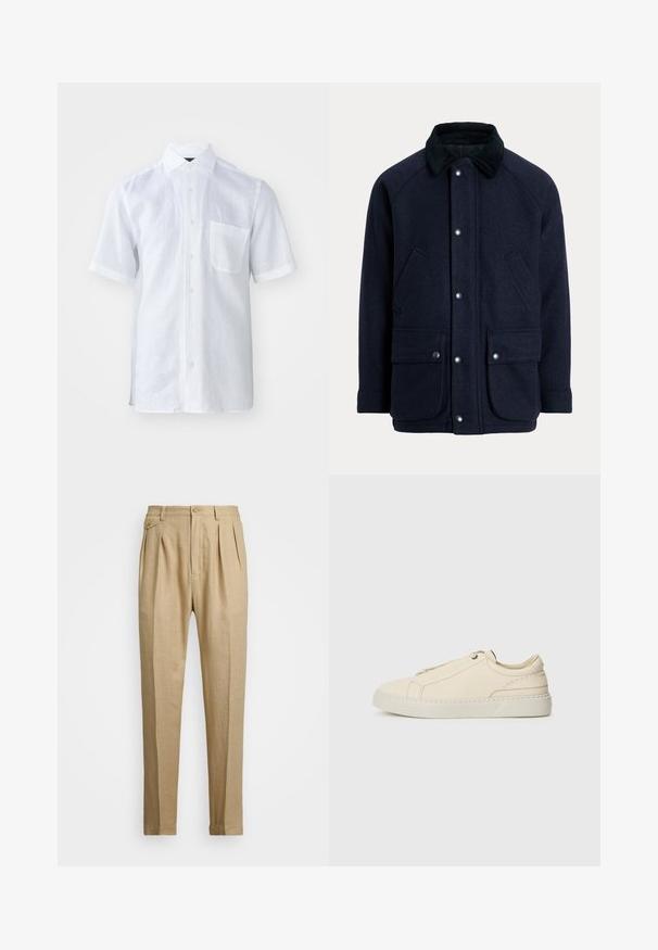 Tumši zils mētelis no teksturētas auduma ar korduroja apkakli, sprādzēm un divām priekšējām kabatām praktiskumam.; Balts īso piedurknēm krekls no viegla lina auduma ar pogu uz leju, priekšējo kabatu un nedaudz teksturētu virsmu.; Bēšas lina bikses ar taisnu griezumu, ar divām priekšējām krokām, pogu aizdari un sānu kabatām. Strukturēta auduma virsma ar gludu apdari.; Bežīga ādas kedas ar noapaļotu purngalu, minimālistisku dizainu, smalkiem stīgām un teksturētu virsmu uz gaišas zoles.