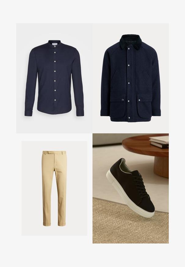 Casaco azul-marinho feito de tecido texturizado com gola de veludo cotelê, botões de pressão e dois bolsos frontais para maior praticidade.; Camisa de manga longa azul-marinho com colarinho tipo banda, fecho frontal com botões e punhos com dois botões. Feita de um tecido liso e texturizado.; Chinos caqui feitos de um tecido de algodão suave, com um design ajustado, pregas frontais e punhos no tornozelo para um visual afinado.; Sneaker preto com sola branca flutuando acima de um tapete texturizado bege, perto de uma mesa redonda de madeira com livros empilhados.