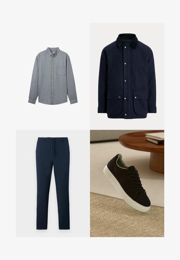 Marineblauer Mantel aus strukturiertem Stoff mit einem Cordkragen, Druckknöpfen und zwei praktischen Fronttaschen.; Graues Hemd mit langen Ärmeln, Kragen, einer einzelnen Brusttasche und einem strukturierten Stoff. Mit sichtbaren Knöpfen entlang der Vorderseite verschlossen.; Marineblaue Hose aus einem strukturierten Stoff, mit geradem Bein, vorderen Eingrifftaschen und einem Kordelzugbund.; Schwarze Sneakers mit weißer Sohle, die über einem beige strukturierten Teppich schweben, in der Nähe eines runden Holztisches mit gestapelten Büchern.