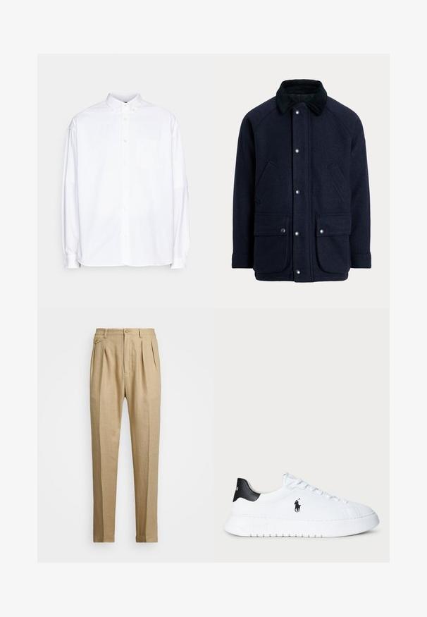 Tamsiai mėlynas paltas iš tekstūruotos medžiagos su korduro apykakle, spaudžiamais mygtukais ir dviem priekinėmis kišenėmis praktiškumui.; Balta marškiniai su apykakle, ilgomis rankovėmis ir viena krūtine kišene. Pagaminti iš medvilnės, pasižymi lygiu ir tvirtu paviršiumi.; Bežinės lininės kelnės tiesaus kirpimo, turinčios dvi priekinės klostes, sagų užsegimą ir šonines kišenes. Tekstūruotas audinys su lygiu paviršiumi.; Balti žemesnio profilio sportiniai bateliai su juodu kulno užtrauktuku ir juodu Polo Ralph Lauren logotipu šone, su baltais raišteliais ir storu guminiu padu.