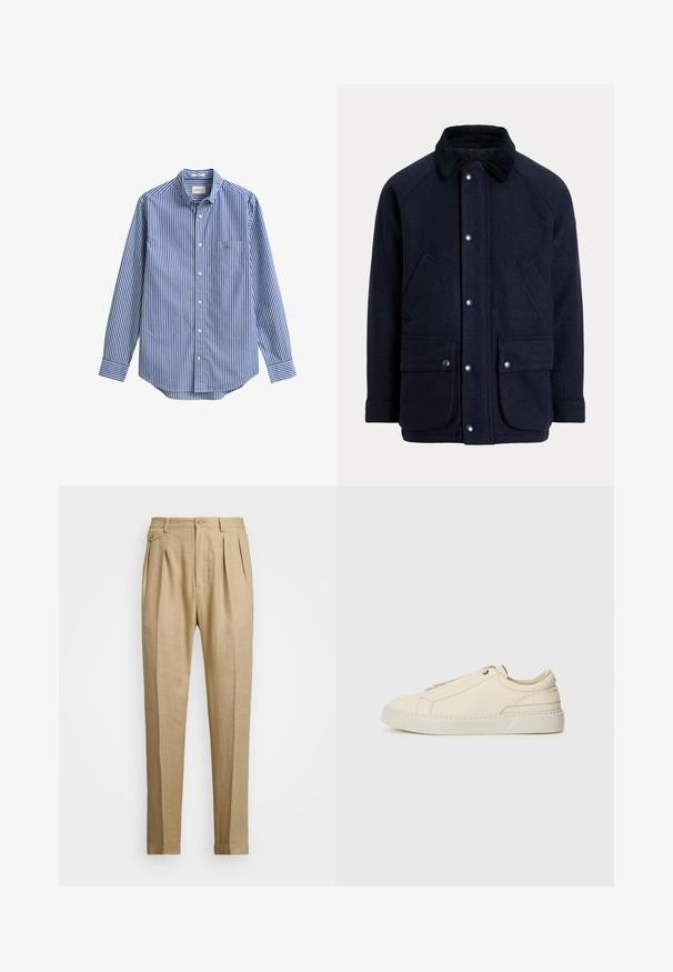 Tmavomodrý kabát z textúrovanej látky s kožúškovým golierom, cvakacími gombíkmi a dvoma prednými vreckami pre praktickosť.; Modrá a biela vertikálne pruhovaná košeľa s dlhým rukávom, golierom na gombíky, jedným predným vreckom a zaobleným lemom. Hladká bavlnená látka.; Bežové ľanové nohavice so strihaním do rovna, so 'dvoma prednými záhybmi, s gombíkovým zapínaním a bočnými vreckami. Textúrovaná látka s hladkým povrchom.; Beige kožené tenisky s okrúhlou špičkou, minimalistickým dizajnom, jemnými švy a textúrovaným povrchom, na svetlej podrážke.